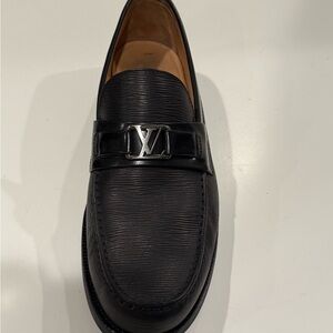 Louis Vuitton Black Leather Loafers with Silver Emblem